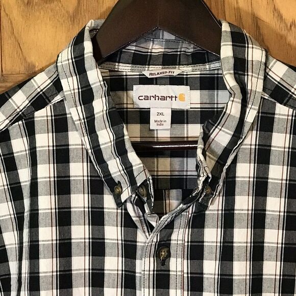 Carhartt Black Plaid Shirt Men's 2XL Button Down Short Sleeve Casual Work Shirt - Picture 5 of 13